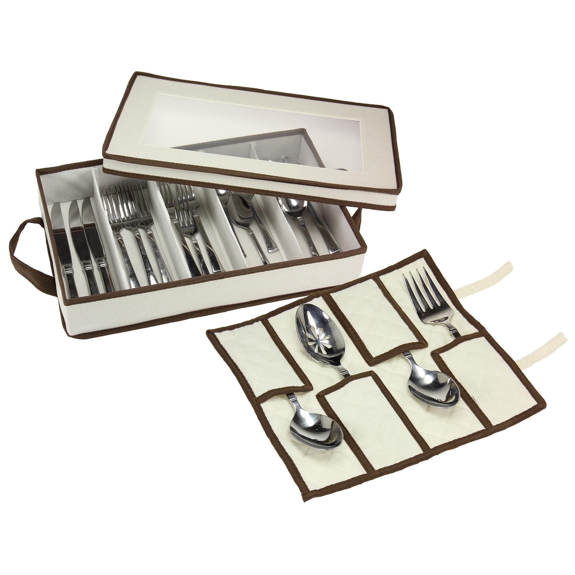 Windowed Flatware Storage Chest, 5 Compartment Storage with Serving Utensil Pouch