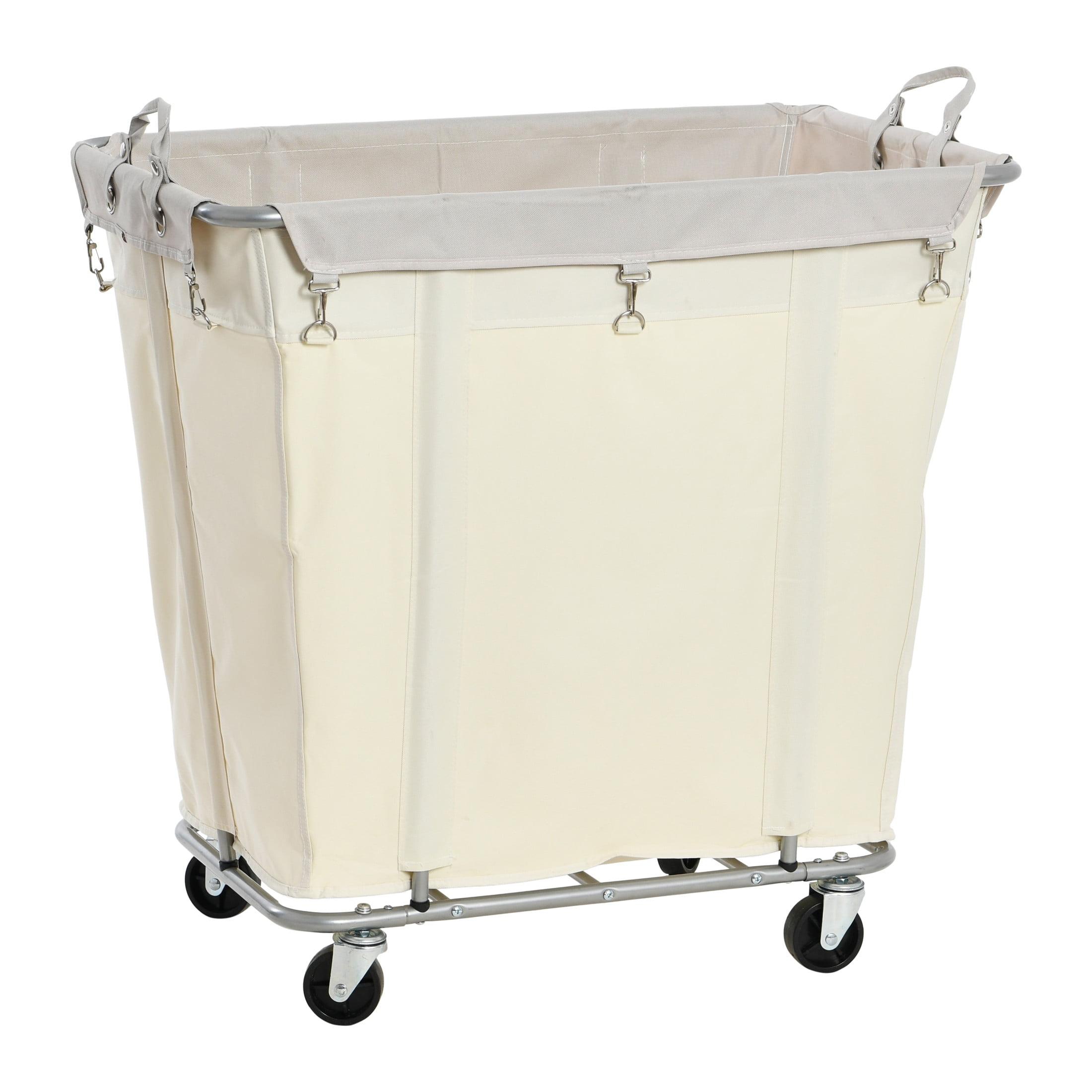 Natural Canvas and Silver Frame Rolling Laundry Hamper with Wheels