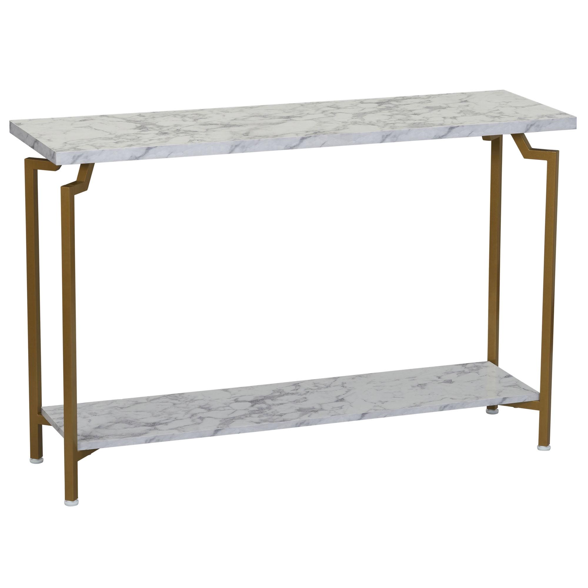 Crown Console Sofa Table with Storage Shelf White Marble and Gold Metal