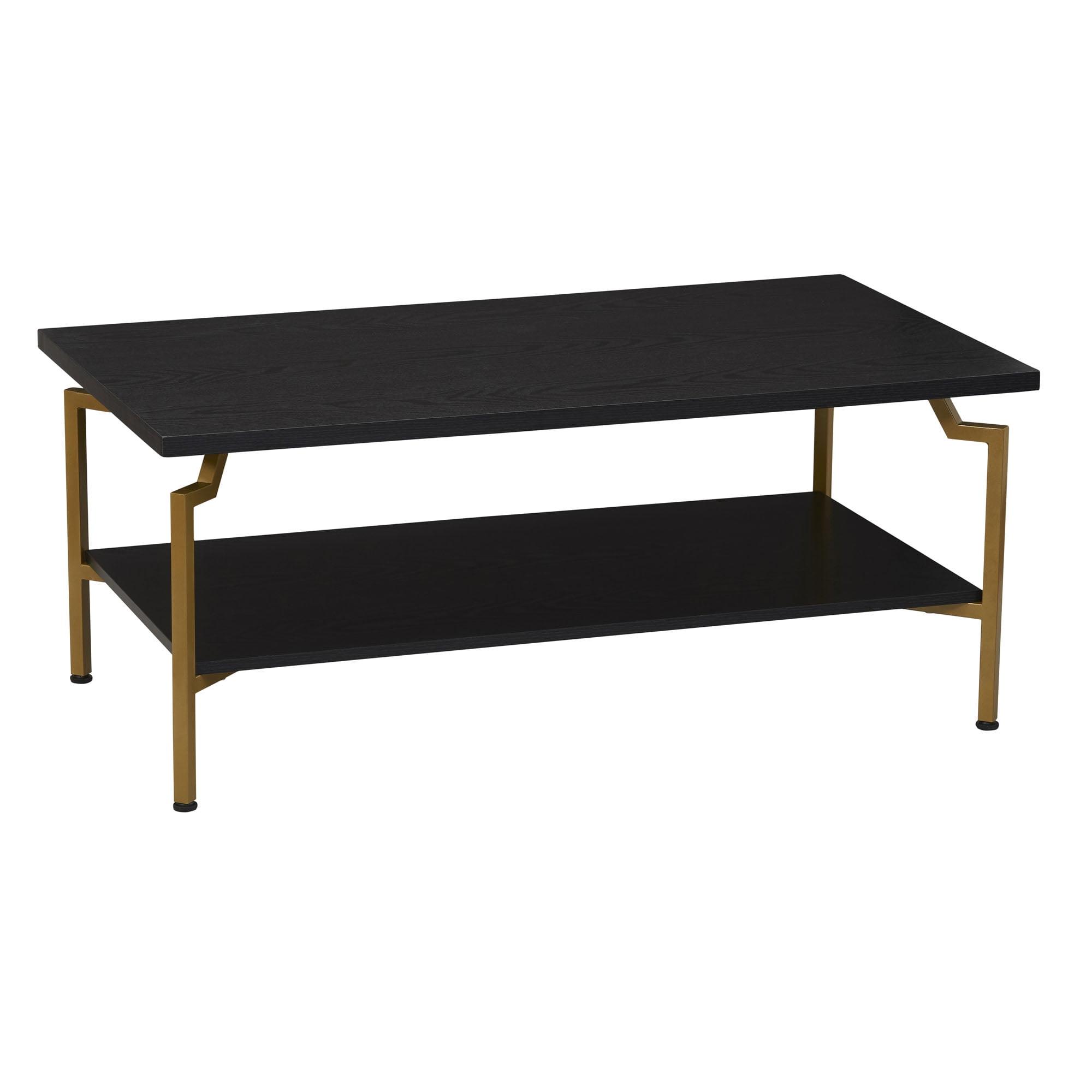 Black Oak and Gold Rectangular Coffee Table with Storage Shelf