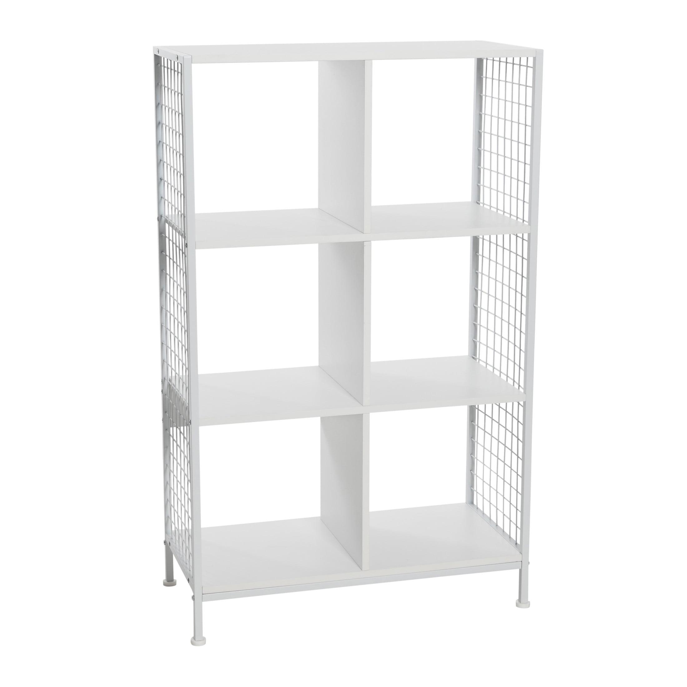 Scandinavian White 6-Cube Storage Shelf with Metal Mesh Sides