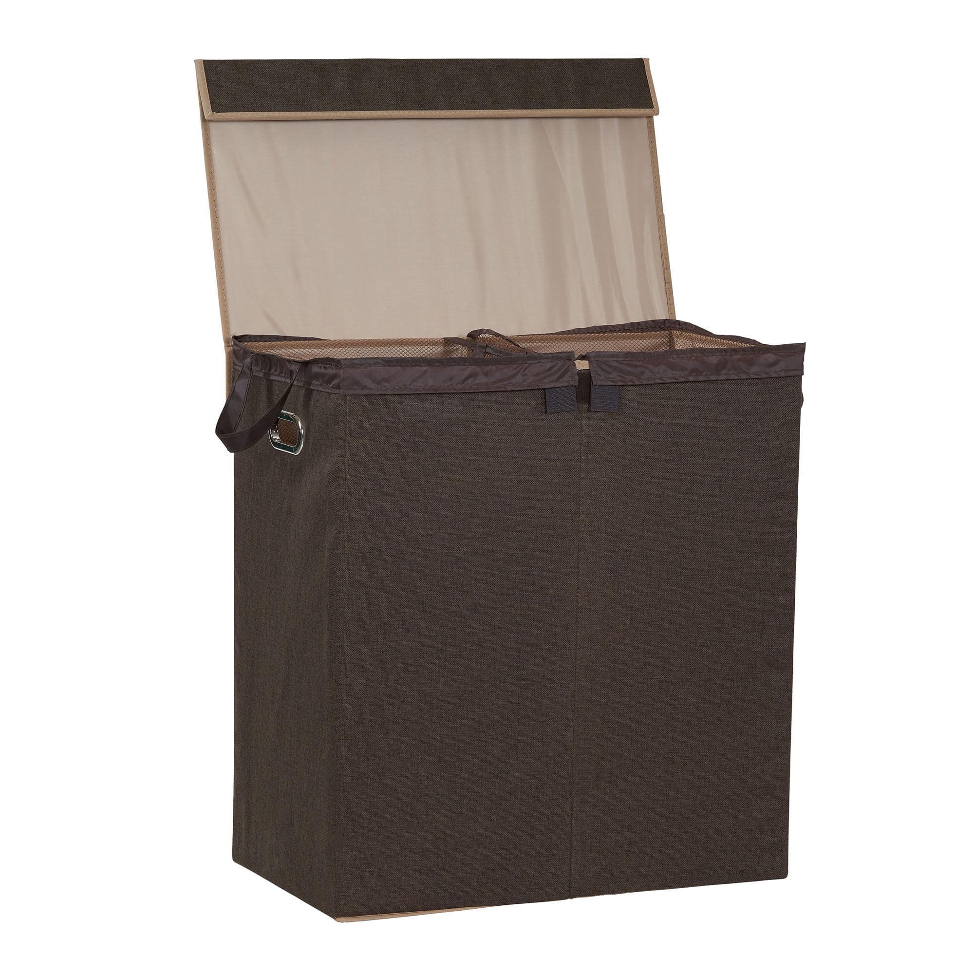 Double Laundry Hamper with Lid, Two Compartments for Easy Sorting with Removable Liner, Collapsible, Brown Linen 5614