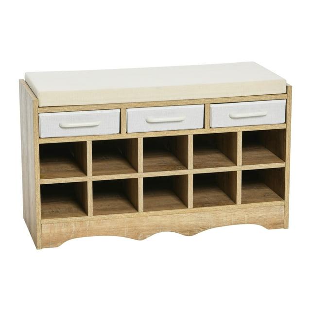 Household Essentials Entryway Storage Bench with 3 Beige Drawers 10 Shoe Compartments and Cushioned Seat in Coastal Oak Rustic Wood Grain