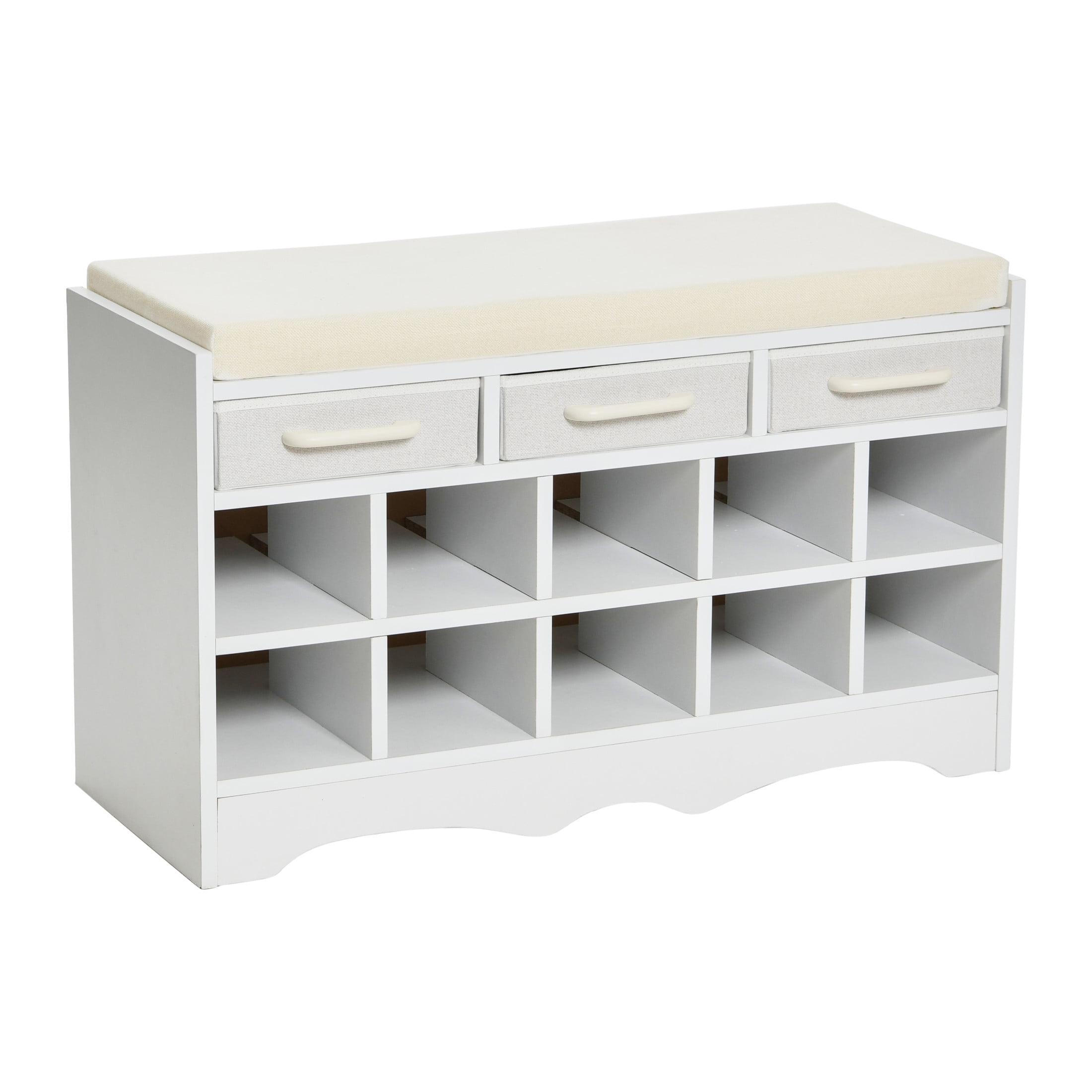 White Entryway Shoe Bench with Drawers and Cushioned Seat