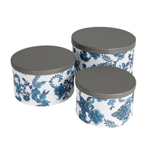 Floral Nestable Hat Boxes with Faux Leather Lids, Cream and Blue, Set of 3