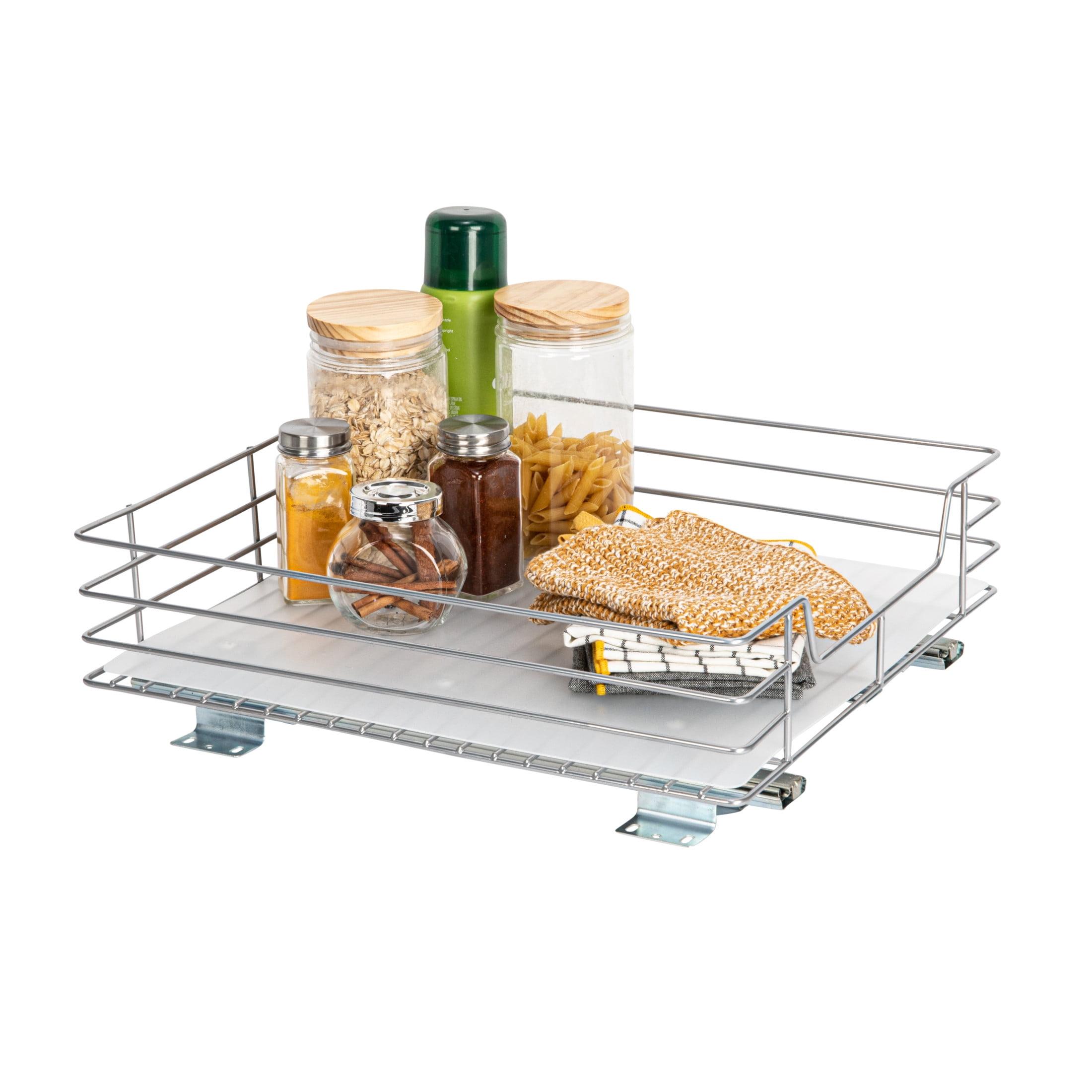 Silver Steel 1-Tier Pull-Out Pantry Organizer with PEVA Liner