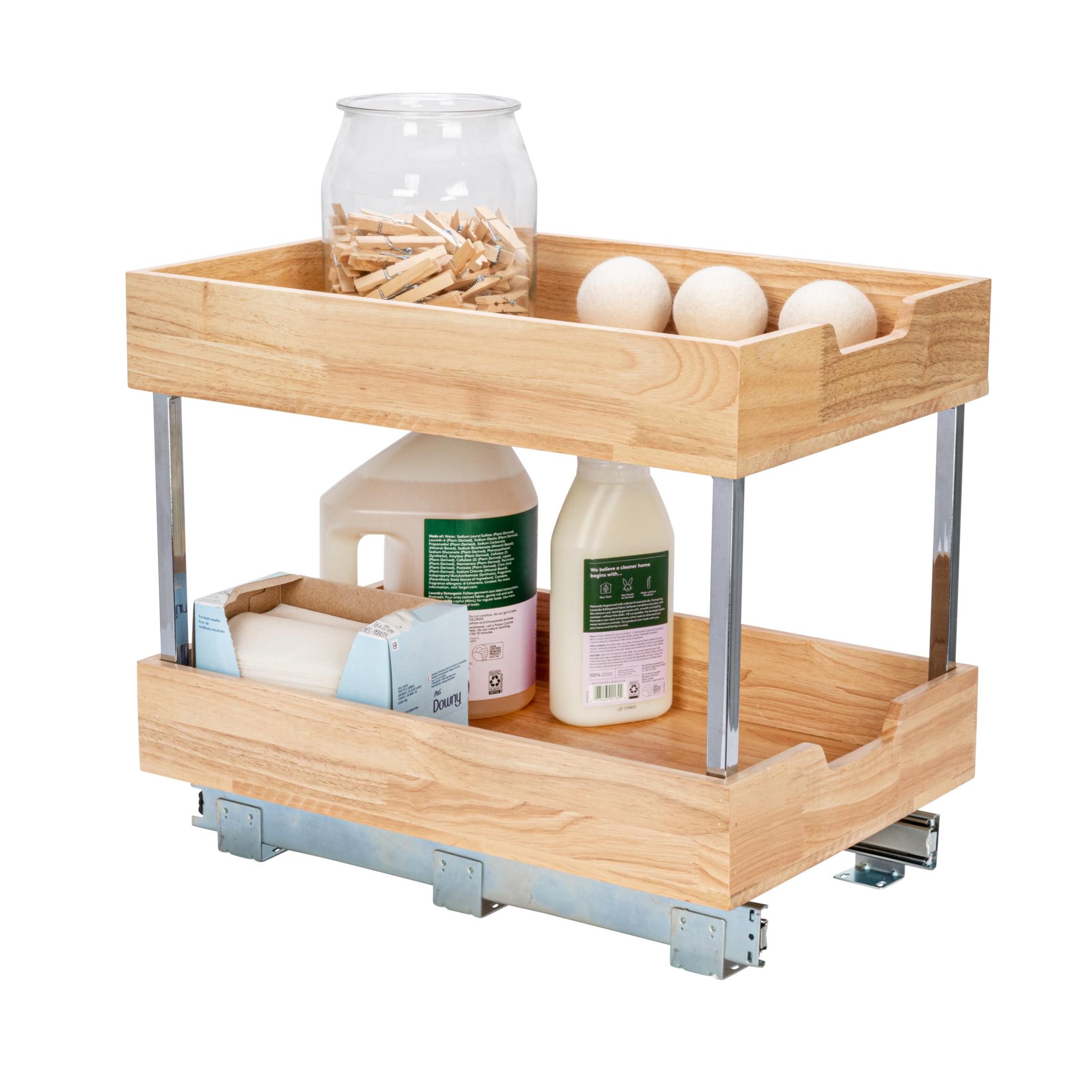 Natural Wood and Steel 2-Tier Pull-Out Cabinet Organizer