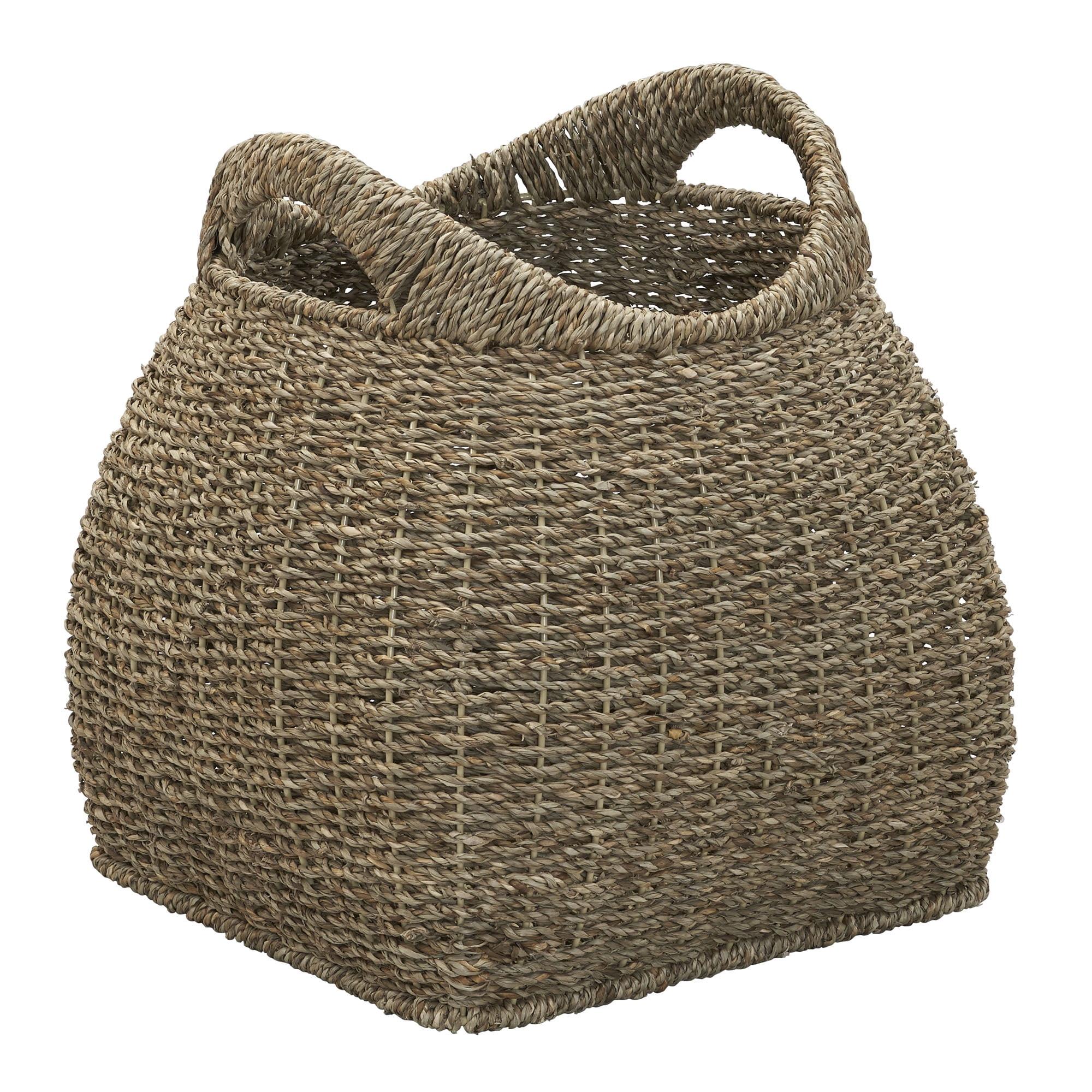 Household Essentials Basket with Handles Seagrass: Handwoven Round Storage, Brown Decorative Wicker, 14" Height