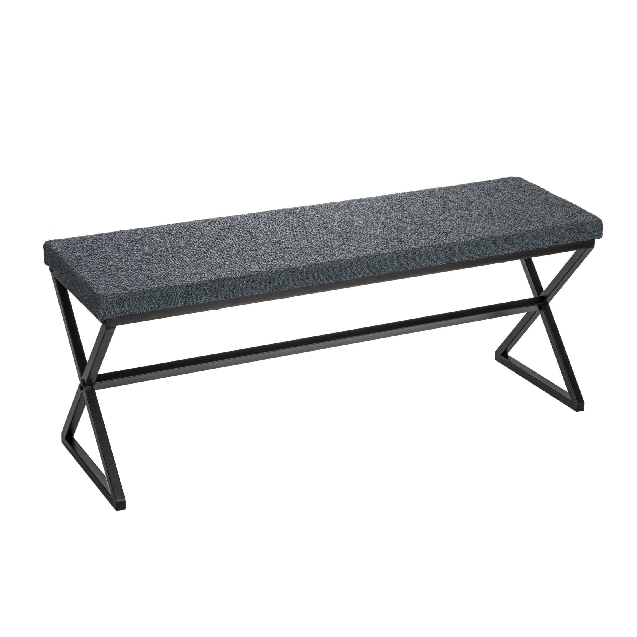 Household Essentials Harper Metal Bench with Boucle Upholstered Cushion, Blue-Grey and Black