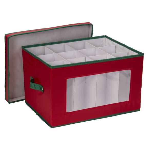 Household Essentials Holiday Stemware Storage Box, Windowed Storage with Lid, 12 Storage Compartments, Red with Green Trim