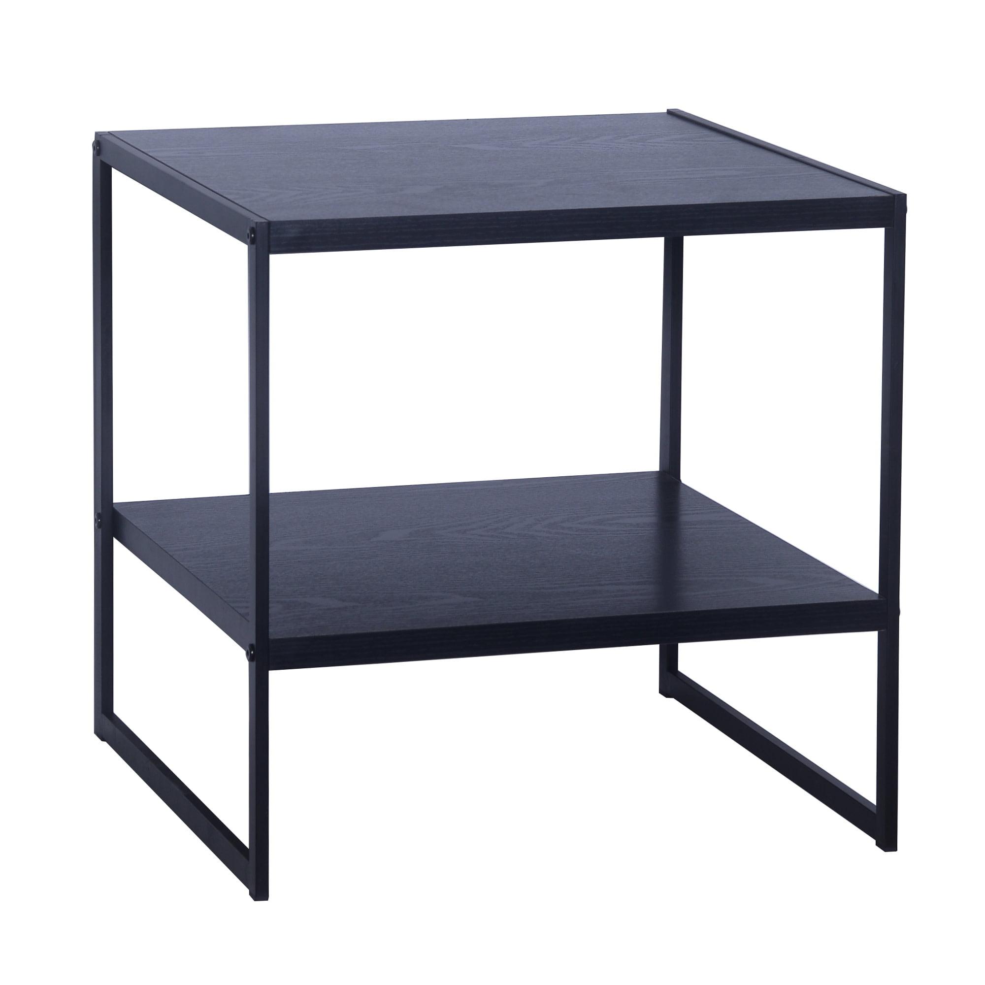 Black Metal and Woodgrain Laminate Square End Table with Shelf