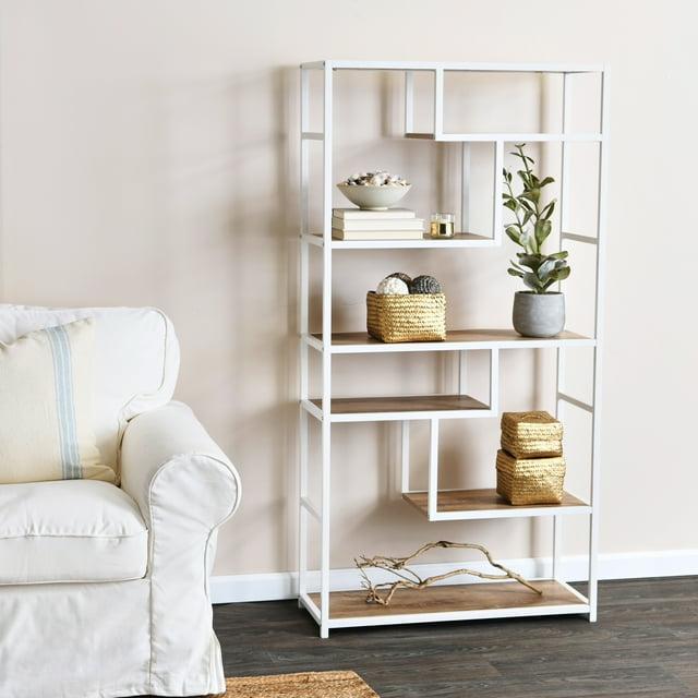 Household Essentials Jamestown Tall 6 Shelf Open Storage Bookshelf Coastal Oak Rustic Wood Grain and White Metal