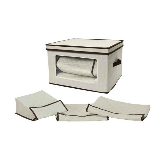 Large Serveware Storage Box, Polyester Canvas with Fiberboard Sides, 3 Protective Pouches, Fully Removable Lid, Natural with Brown Trim