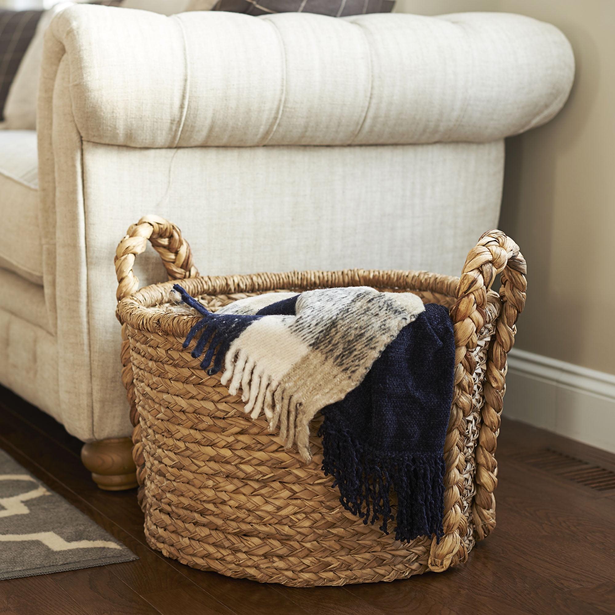 Handwoven Water Hyacinth Round Wicker Storage Basket with Braided Handles