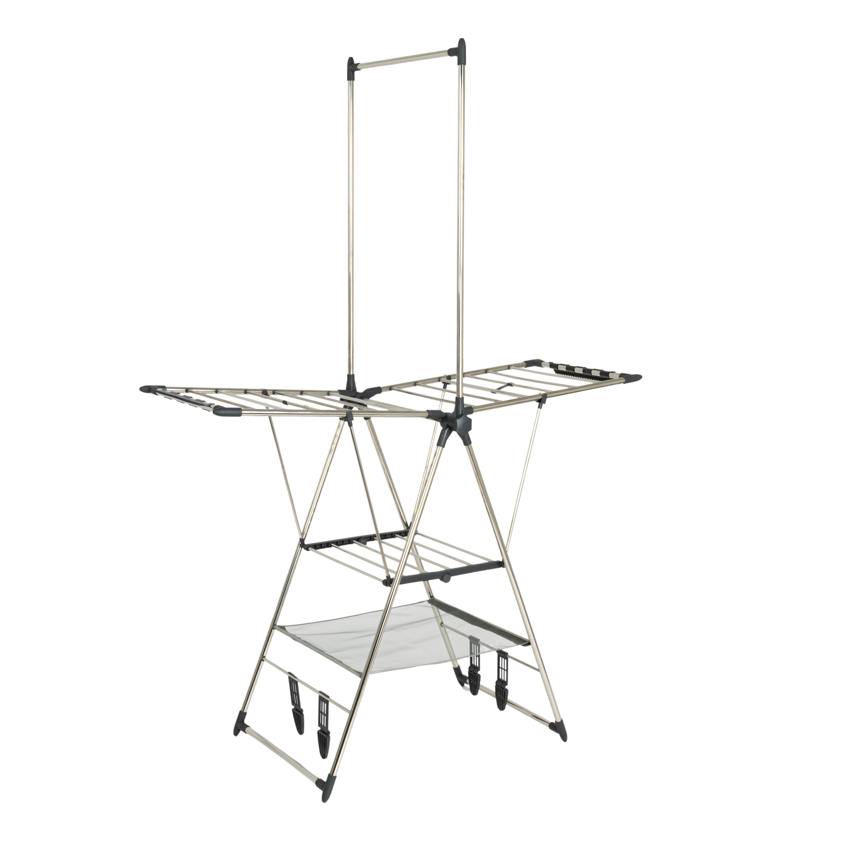 Multi-Tier Silver Stainless Steel Laundry Drying Rack with T Bar