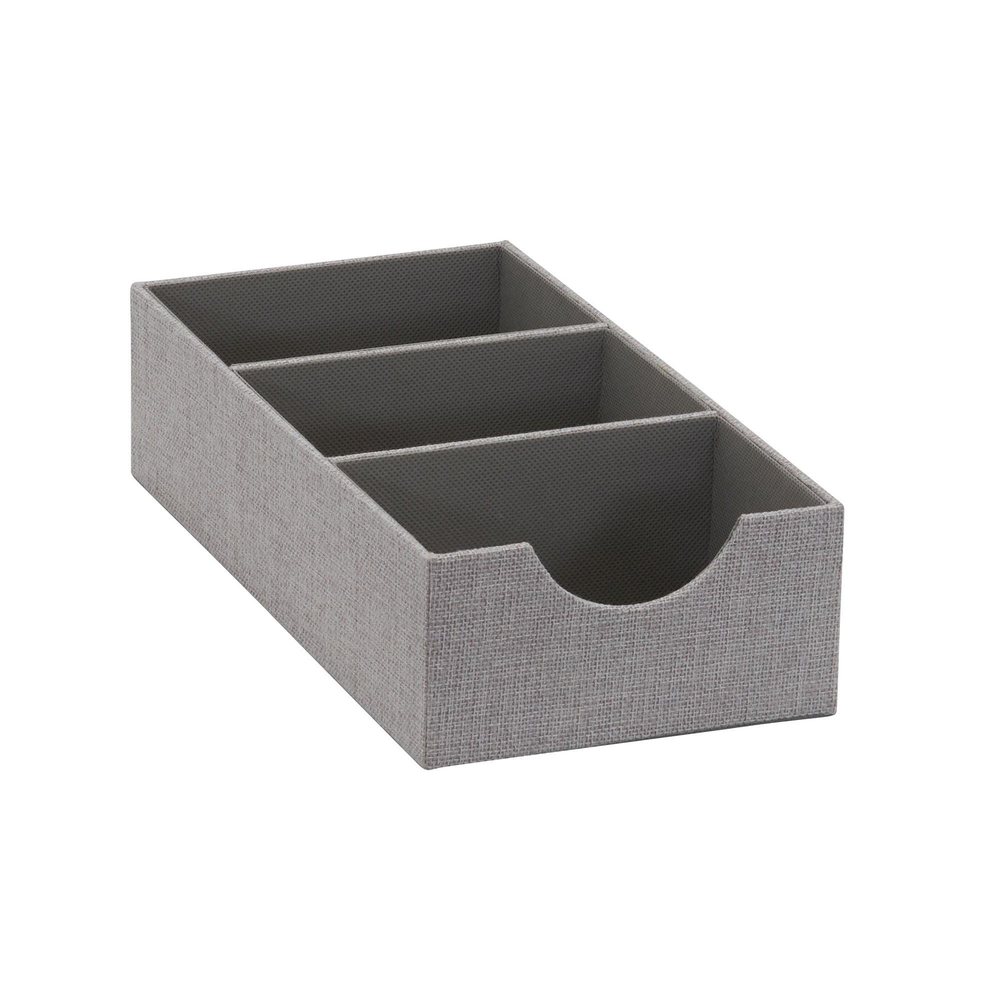 Household Essentials Organizer Tray, Accessory Organizer, Sturdy Drawer Organizer with Fabric Covering and Three Compartments, Grey