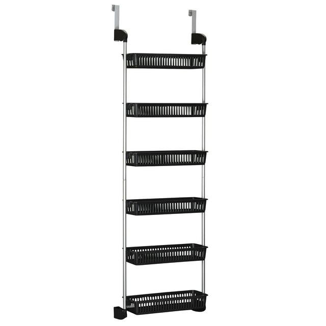 Household Essentials Over the Door Storage Rack, 6 Basket Door Organizer, Great for Use in Pantry as Spice Rack, Black