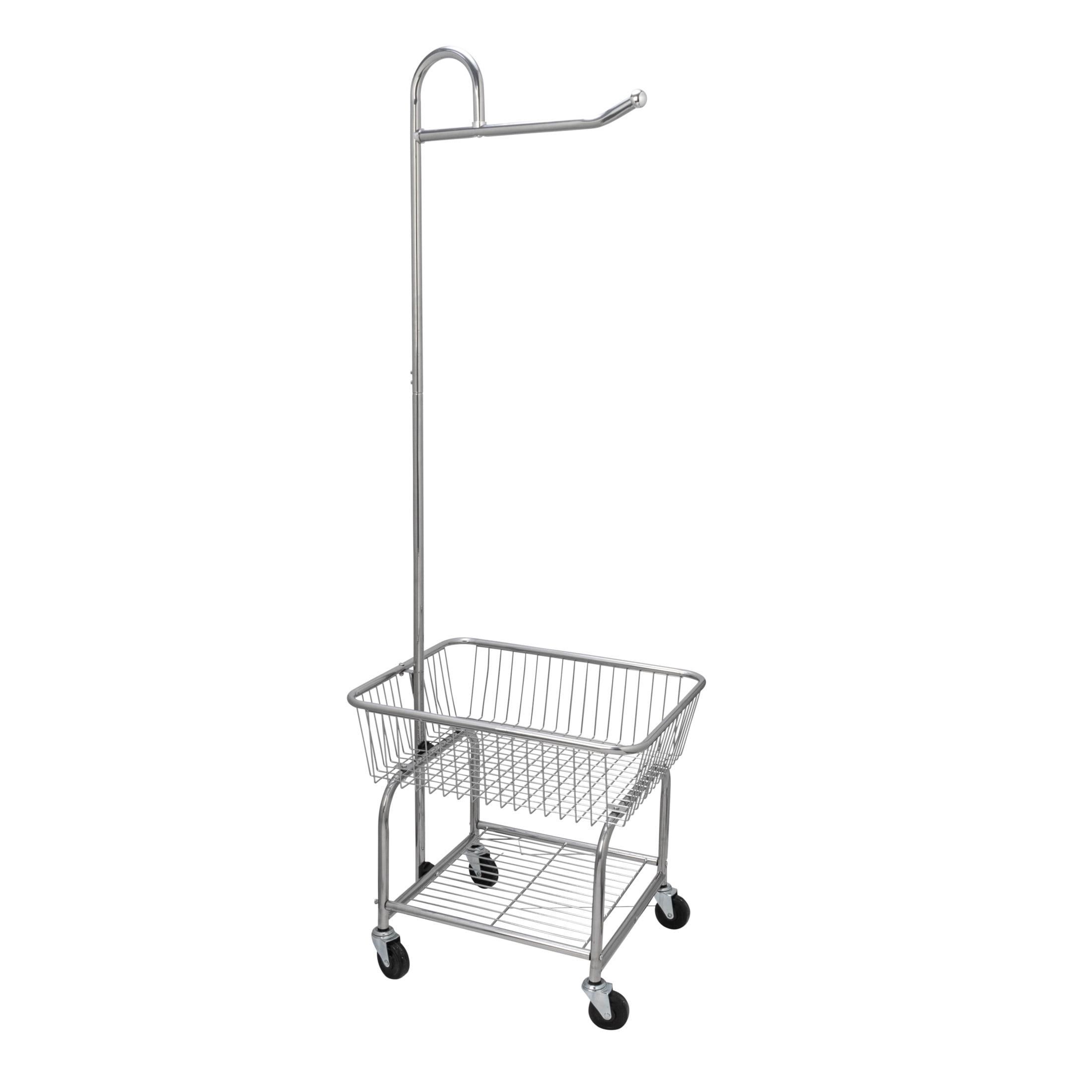 Chrome Rolling Laundry Cart with Basket and Hanging Bar