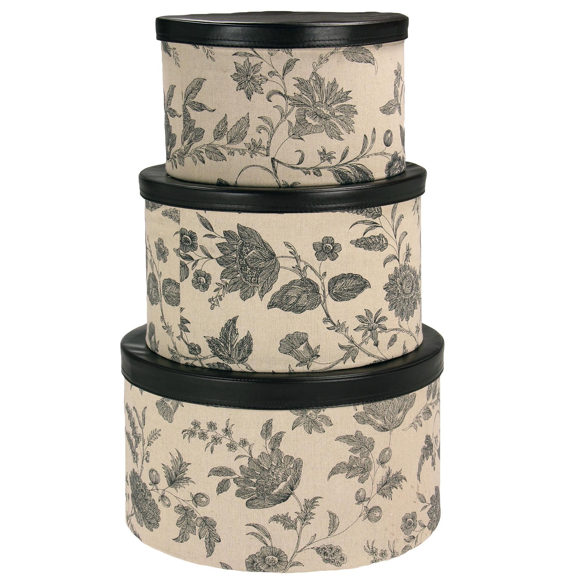 Round Hat Boxes with Lids, Detailed Floral Print with Faux Leather Lids, Large, Medium and Small, Black and Tan