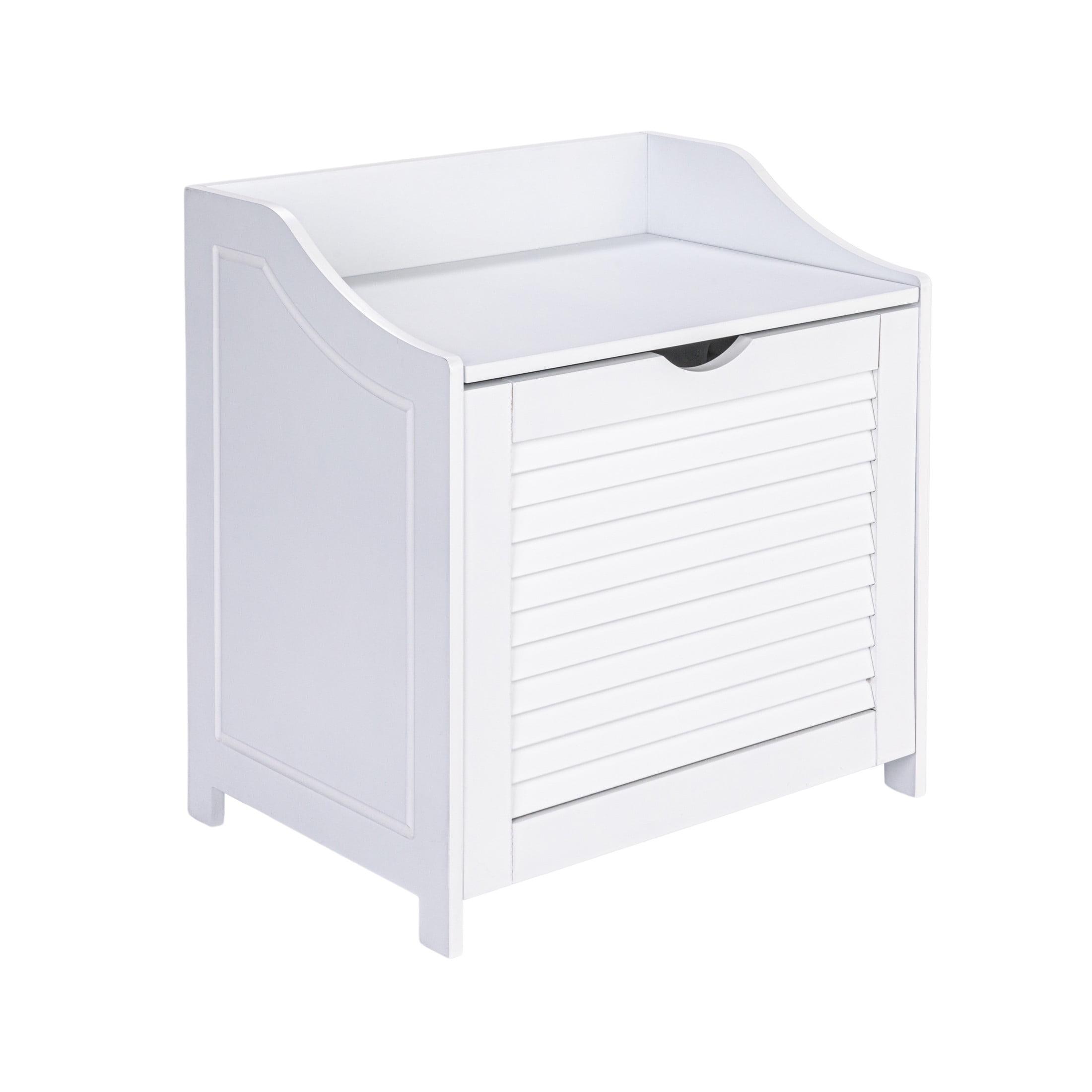 Household Essentials Design Trends Bench Hamper with Shutter Front and Foam Cushion White: Clothes Hamper with Lid, Removable Liner