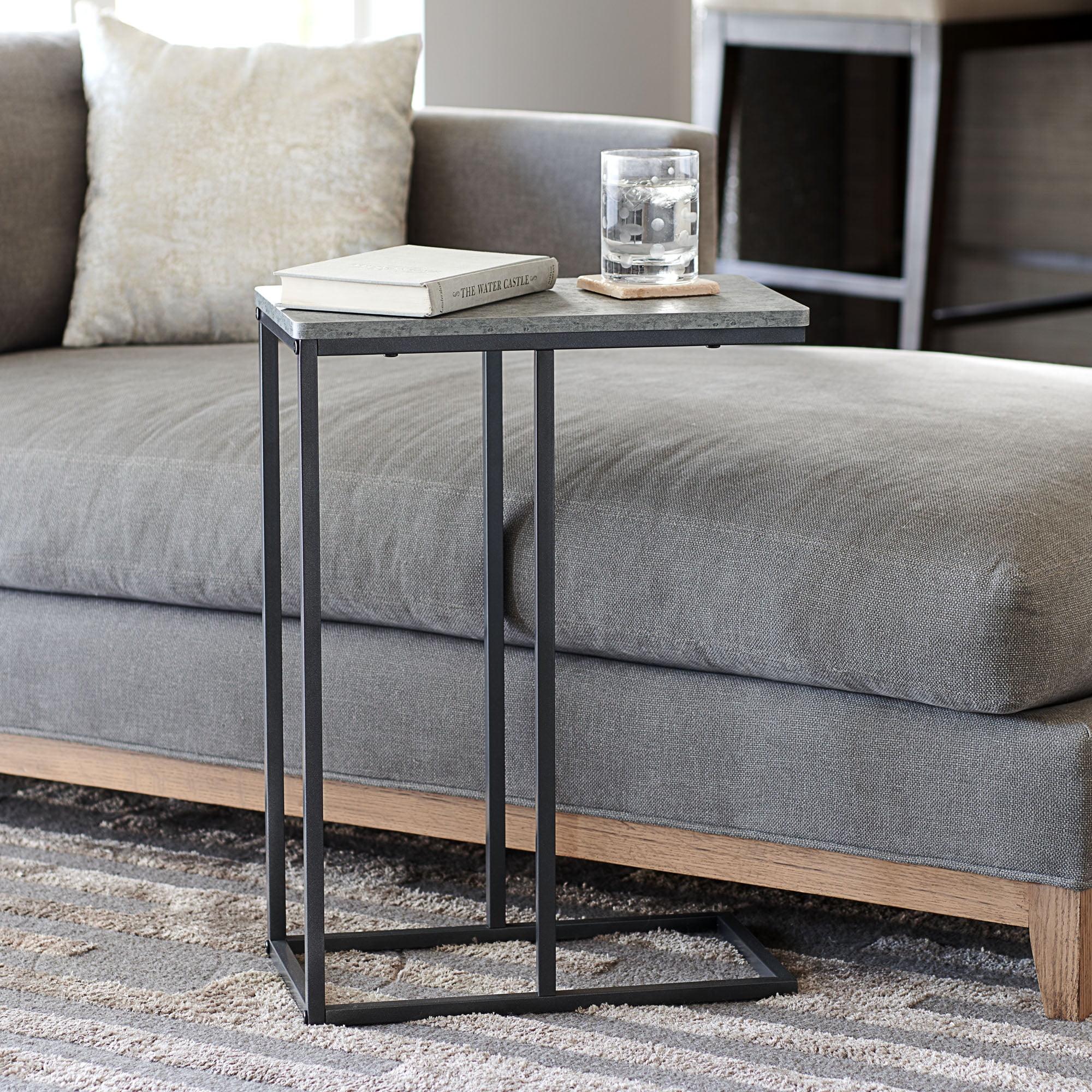 Modern Industrial C-Shaped Side Table with Faux Marble Top