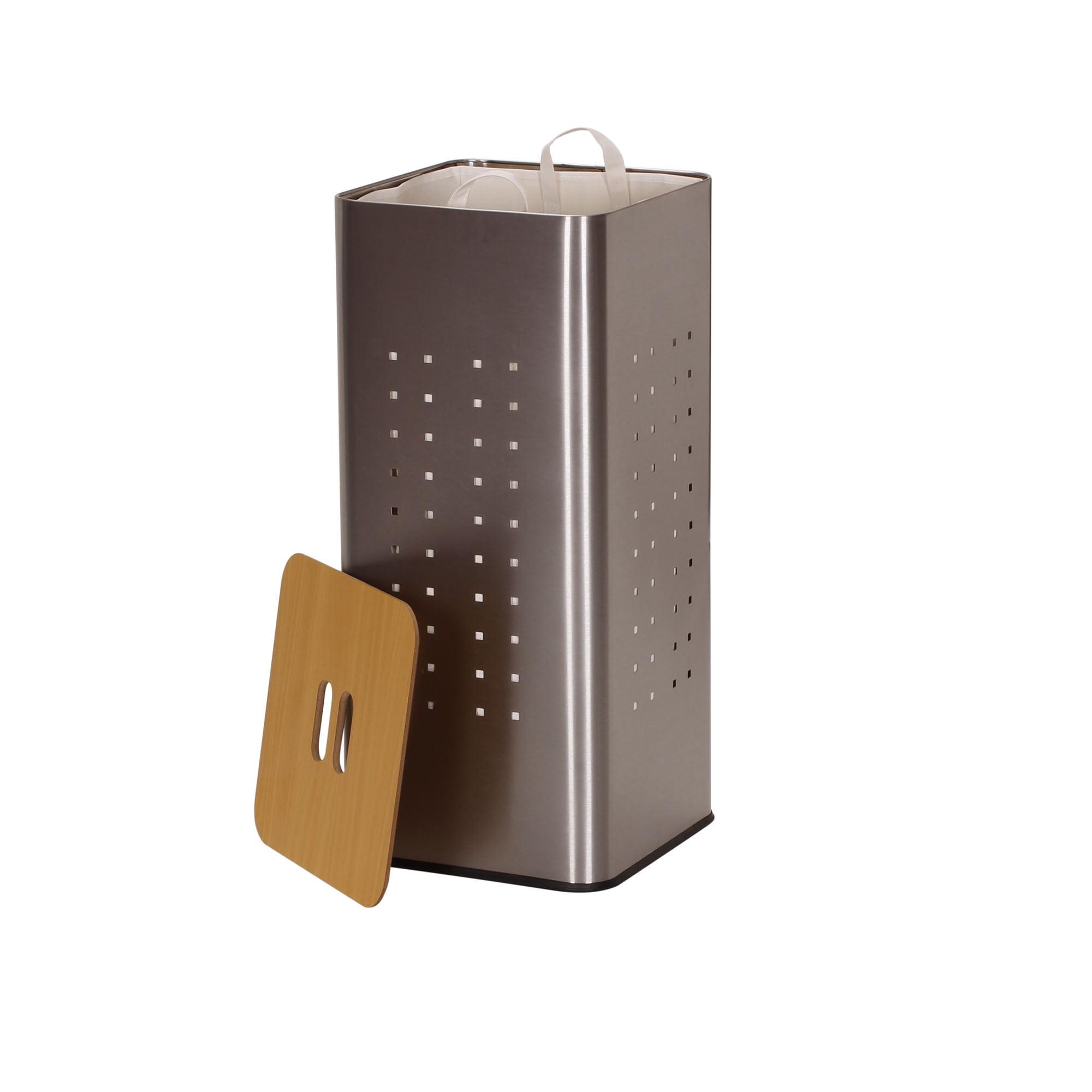 Square Silver Metal Laundry Hamper with Wooden Lid