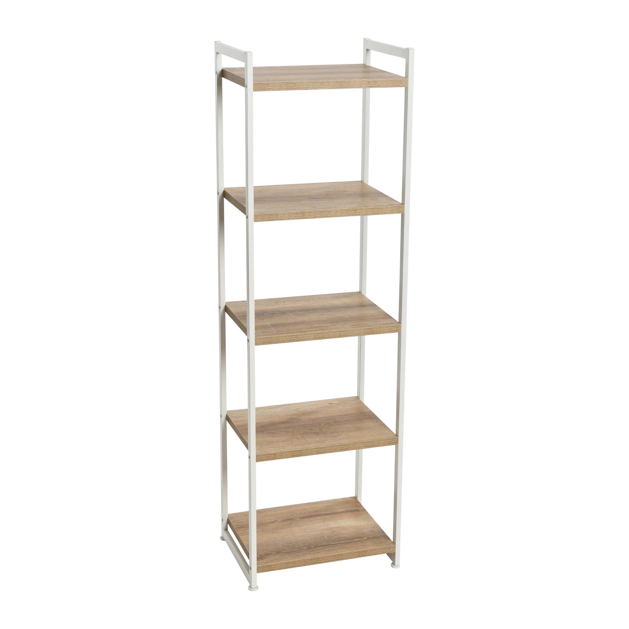 Household Essentials Tower Bookshelf, Tall and Narrow Bookshelf with 5 Shelves, Coastal Oak Wood Grain and White Metal, Coastal and Modern