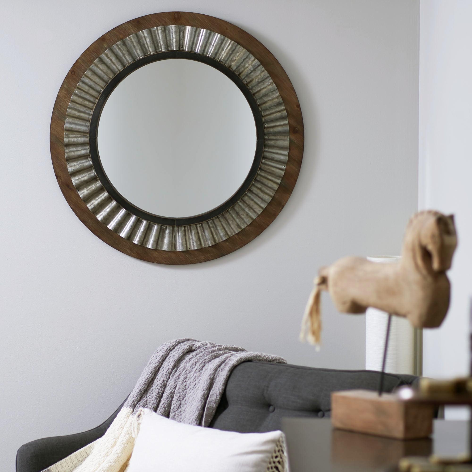 Bronze Gold Sunburst Round Wood Wall Mirror 31.38"