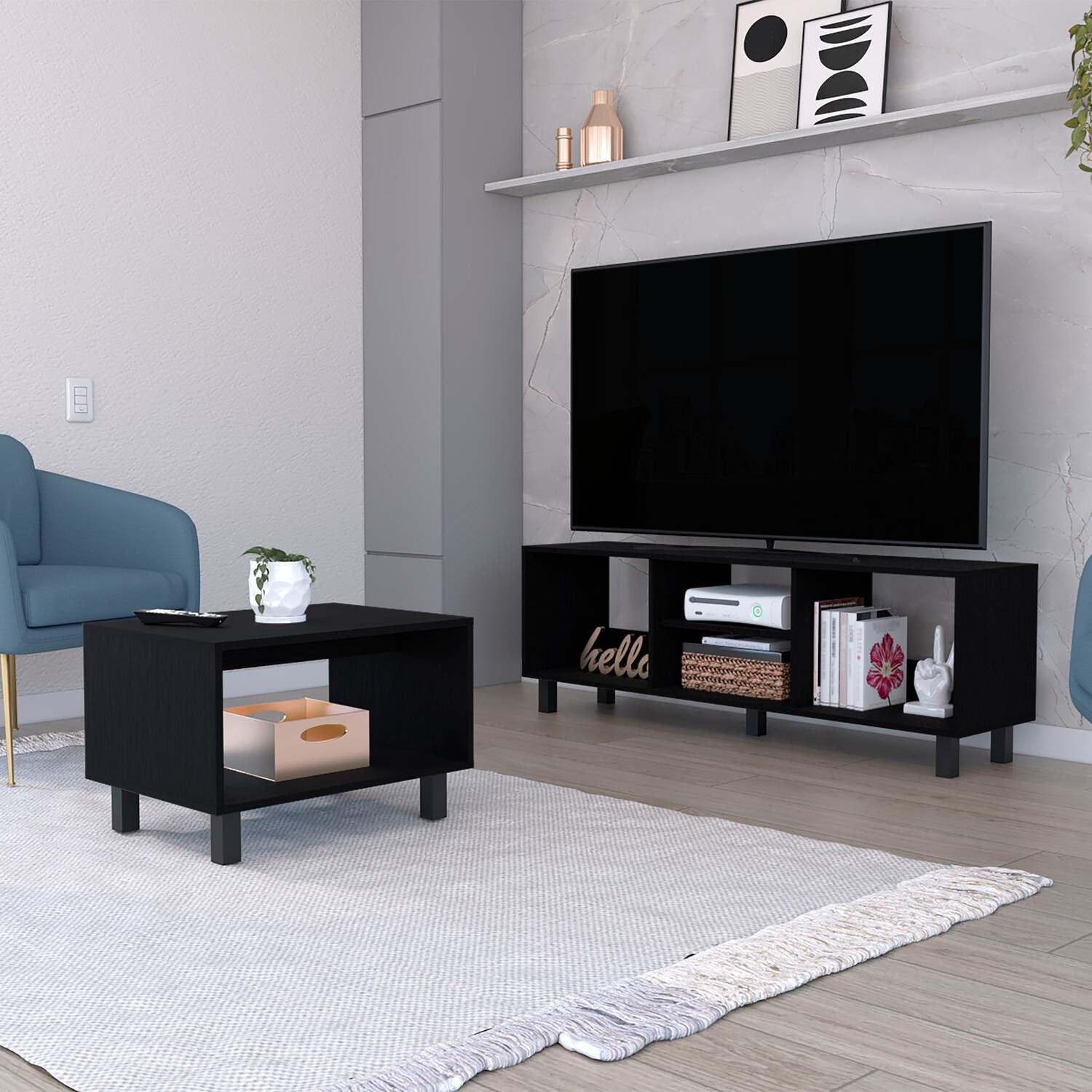 Black Manufactured Wood 2 Piece Living Room Set with TV Rack and Coffee Table