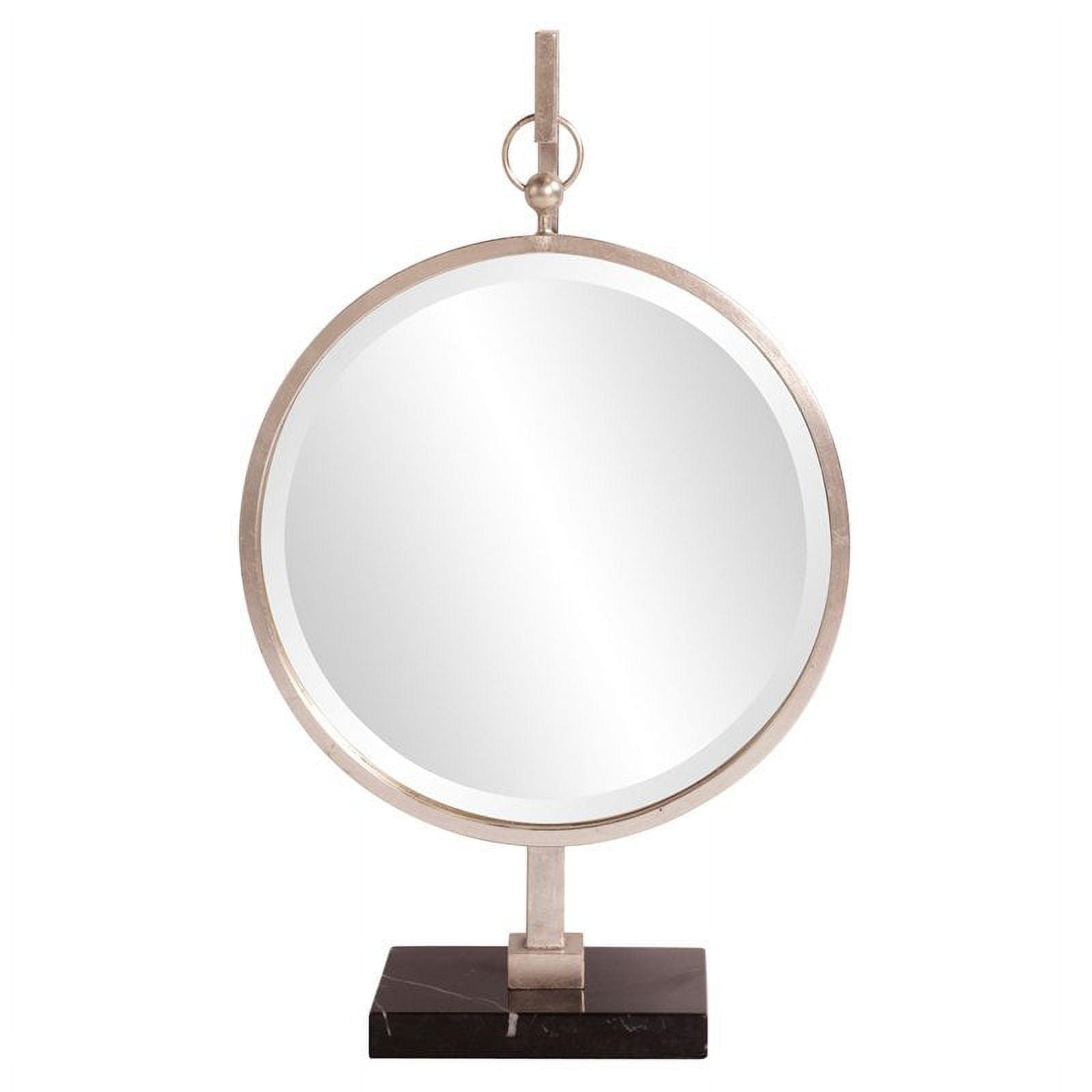 Round Silver Wood Table Mirror with Black Marble Base