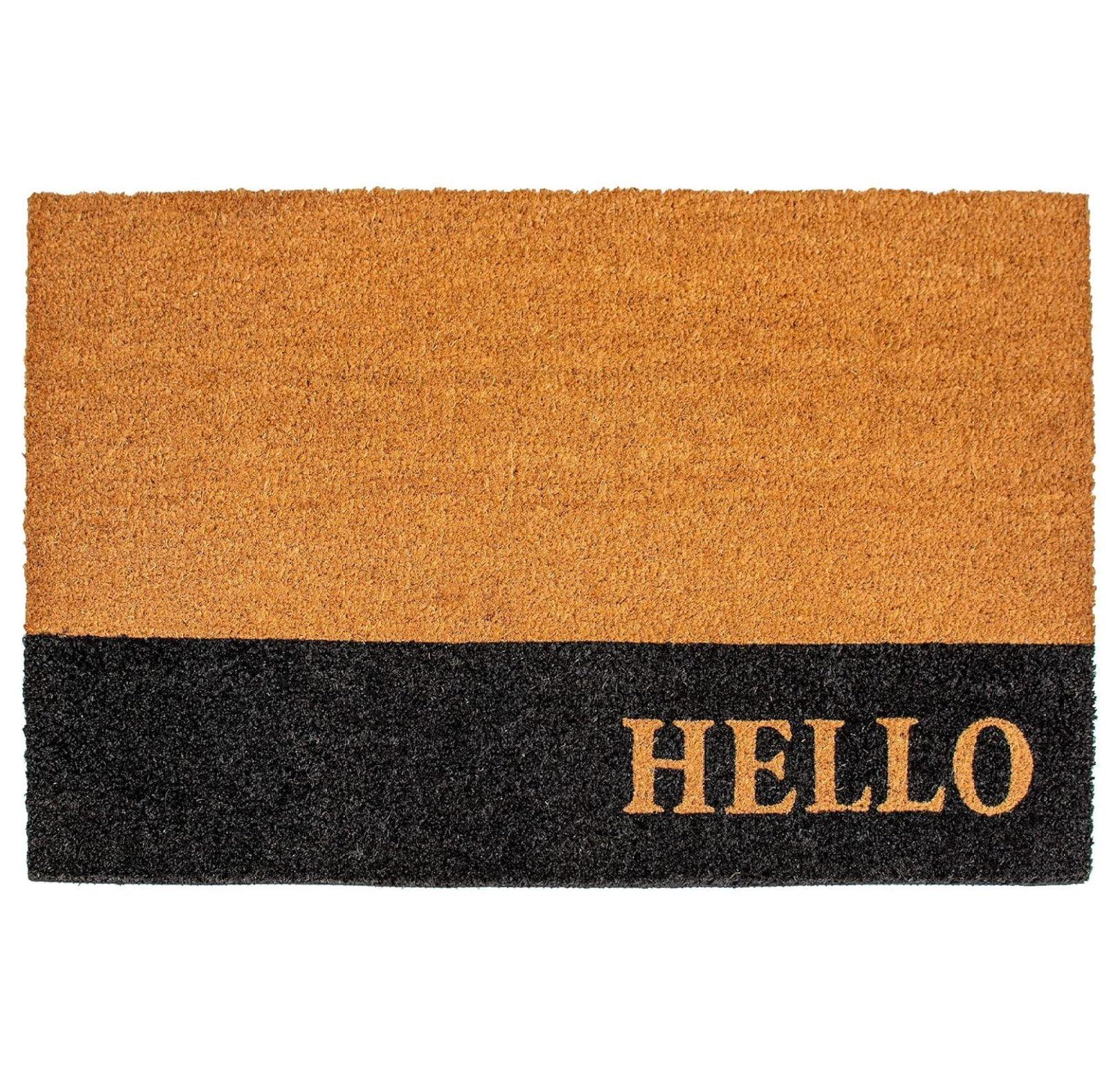 Hello Black Stripe Coir Outdoor Doormat, 24" x 36"