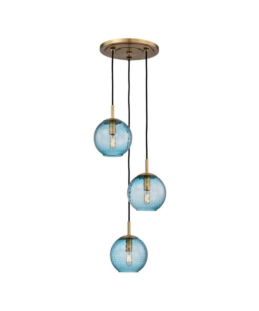 Aged Brass Globe Pendant with Blue Glass Shade - 3 Light