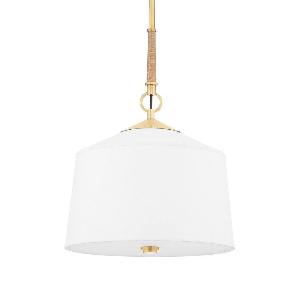 Aged Brass Elegance 14" Pendant with White Linen Shade