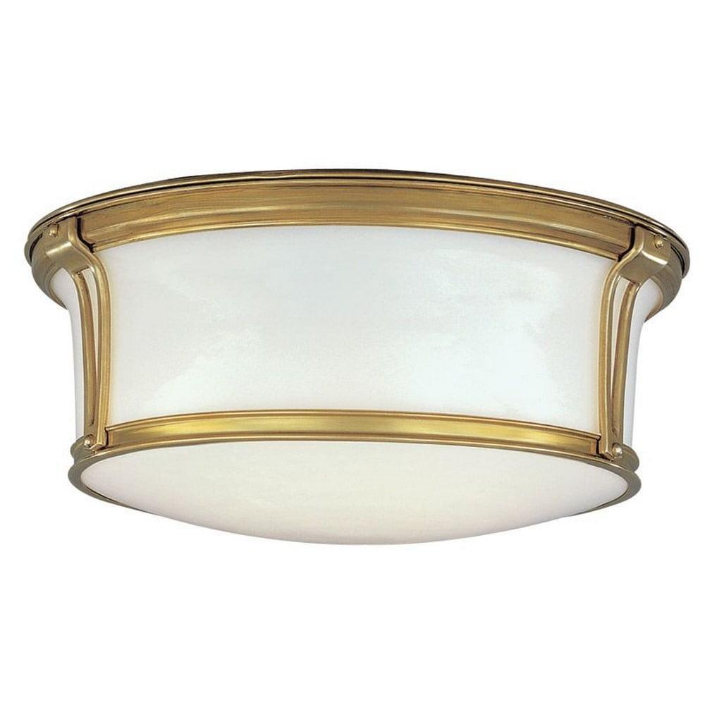 Elegant Aged Brass 3-Light Flush Mount with Glossy Opal Shade