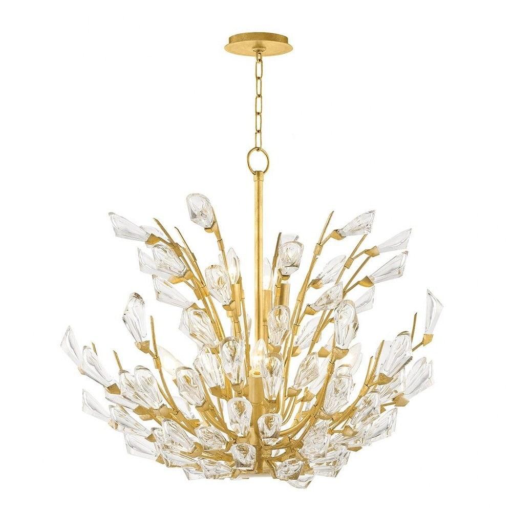 Elegant Gold Leaf Brass Tulip 9-Light Chandelier with K9 Crystal Shades