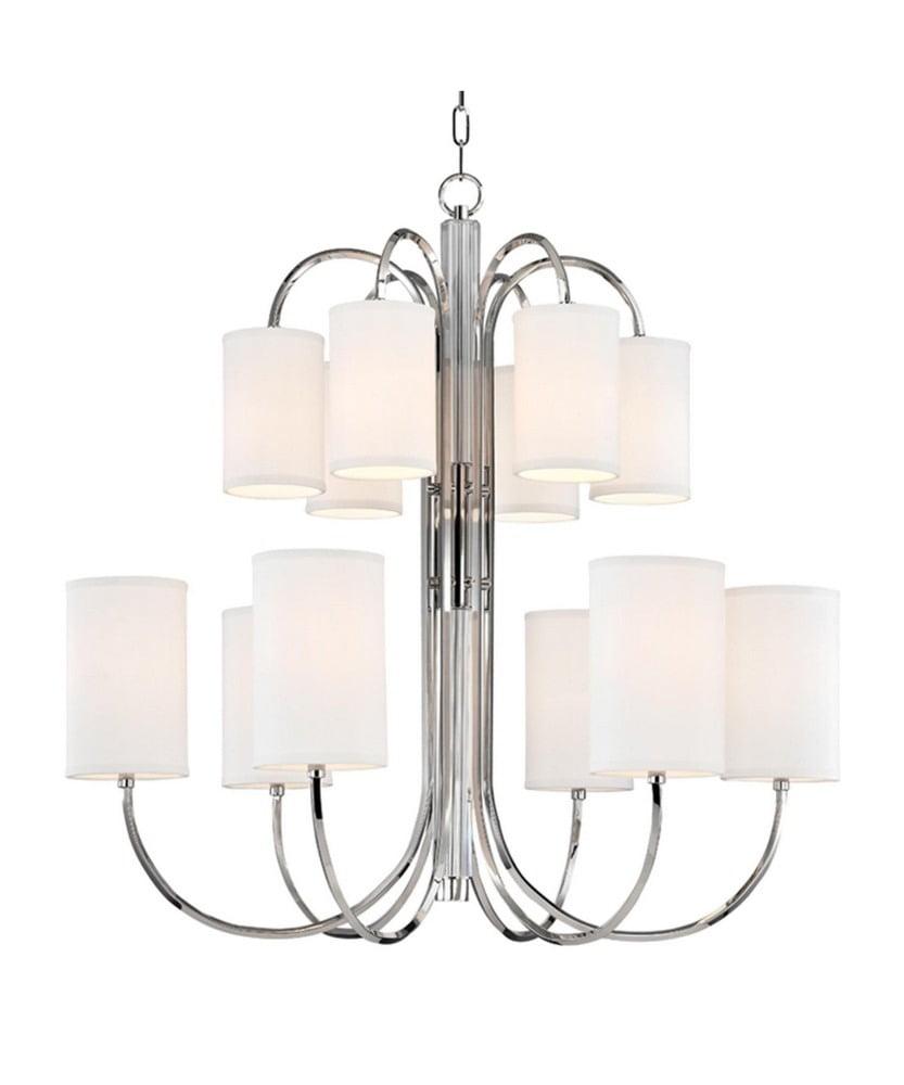 Polished Nickel 12-Light Tiered Chandelier with Silk Shades