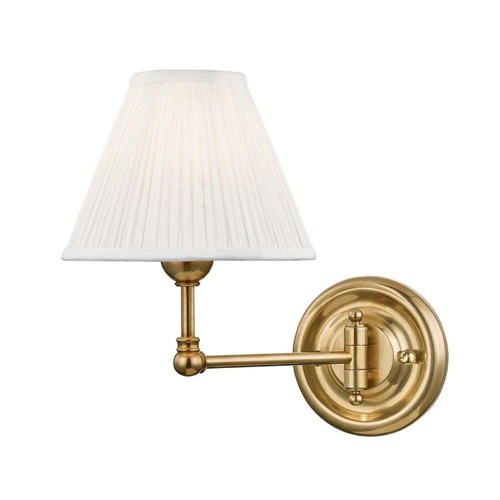 Elegant Aged Brass Swing Arm Sconce with Off-White Silk Shade