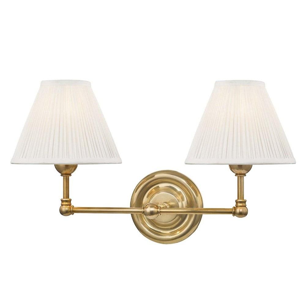 Aged Brass Dual-Light Swing-Arm Sconce with Off-White Silk Shade