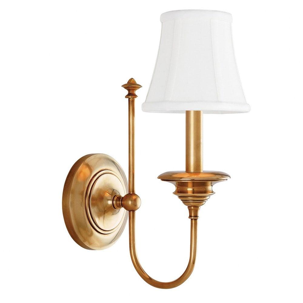 Aged Brass Energy Star 1-Light Sconce with Off-White Faux Silk Shade