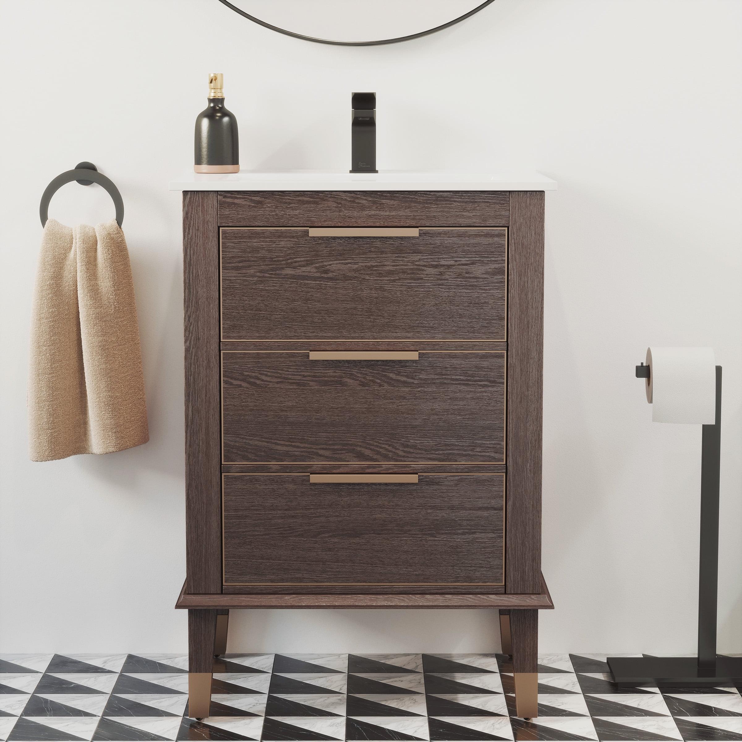 Hugo 24" Walnut Freestanding Bathroom Vanity with Brass Accents