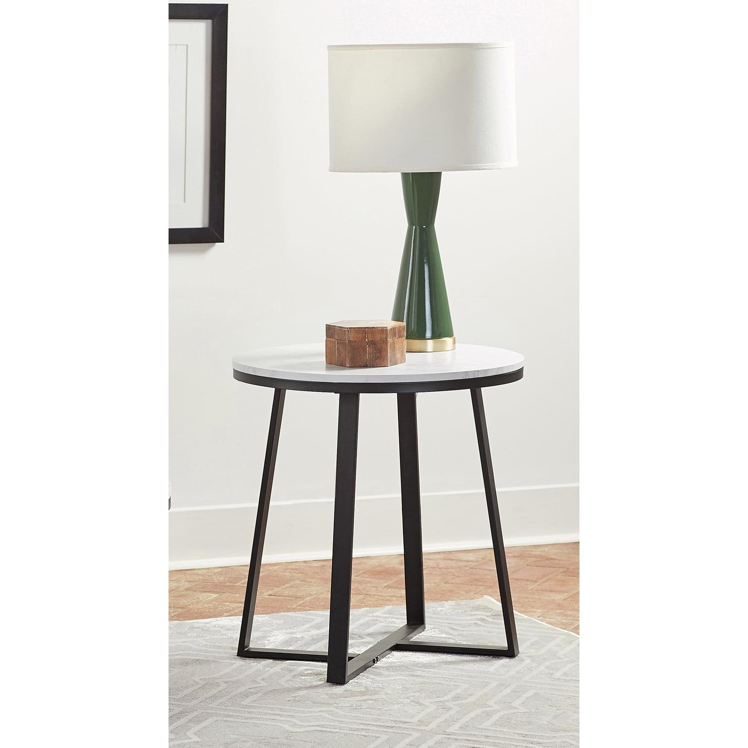 Hugo Round White Faux Marble and Black Metal End Table