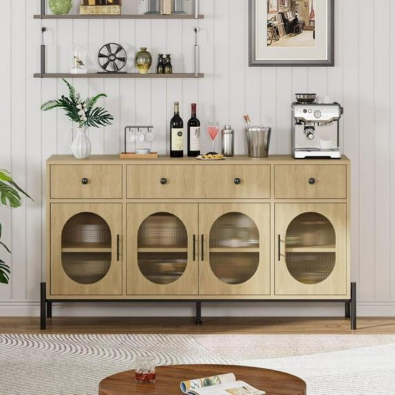 Kselythan Buffet Cabinet with Storage,62'' Large Sideboard Buffet Cabinet with 3 Drawers and 4 Fluted Glass Doors,Wooden Buffet Cabinet Coffee Bar Storage Cabinet Buffet Table for Dinning Room