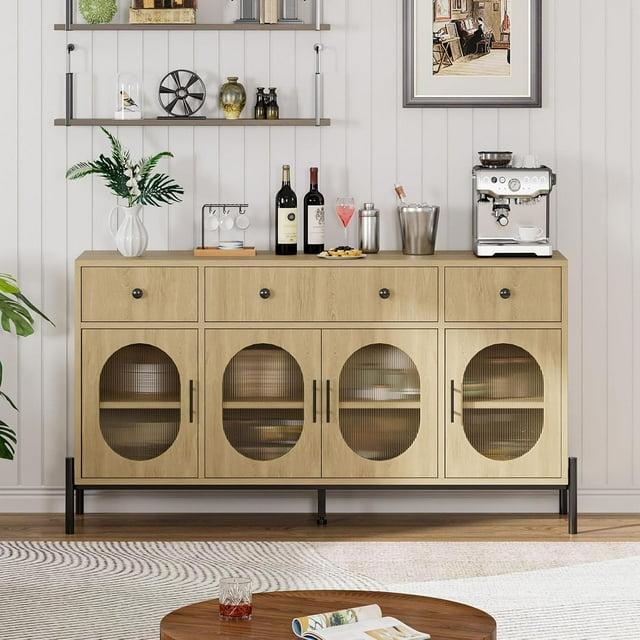 Kselythan Buffet Cabinet with Storage,62'' Large Sideboard Buffet Cabinet with 3 Drawers and 4 Fluted Glass Doors,Wooden Buffet Cabinet Coffee Bar Storage Cabinet Buffet Table for Dinning Room