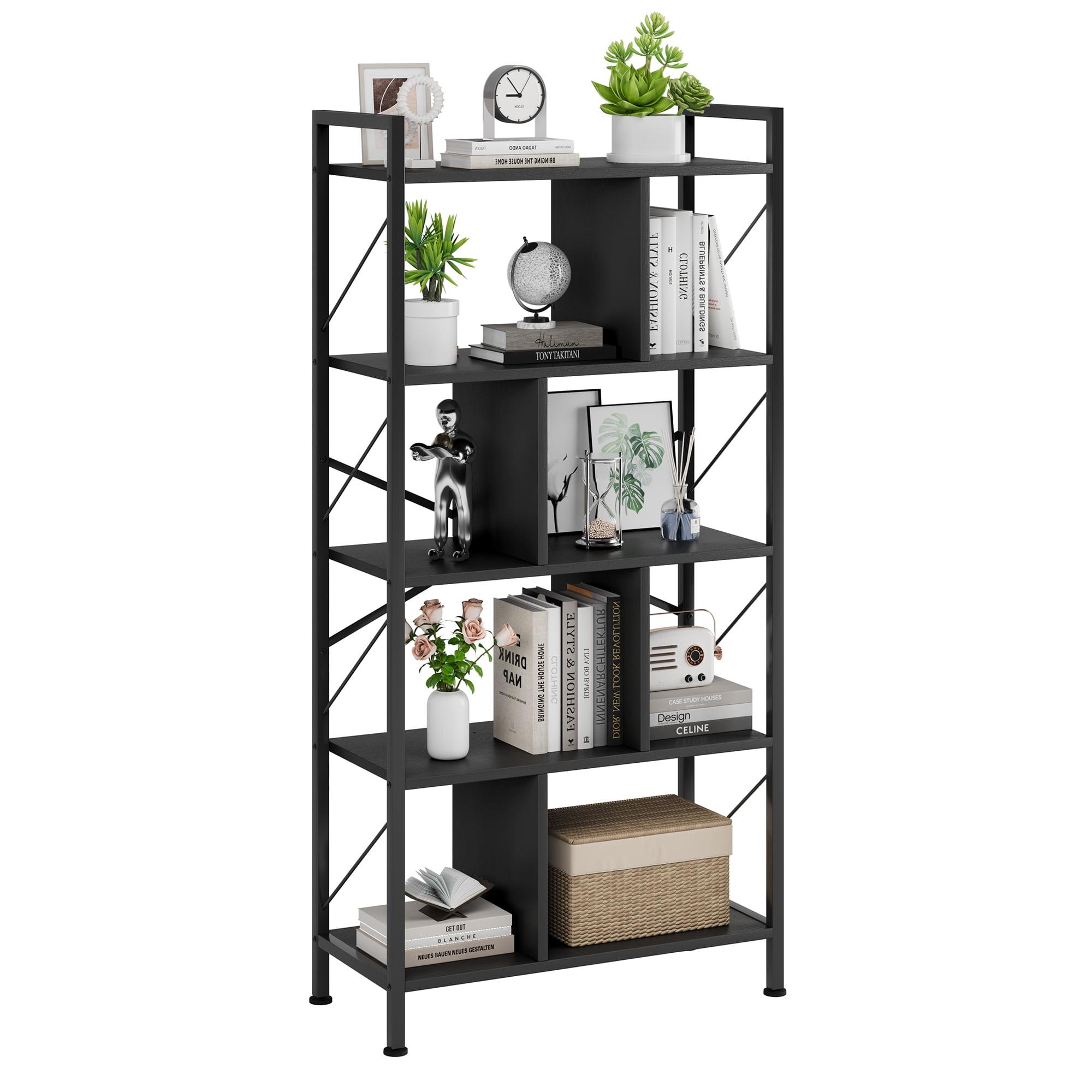 Black 61 Inch Industrial 5-Tier Bookshelf with Metal Frame