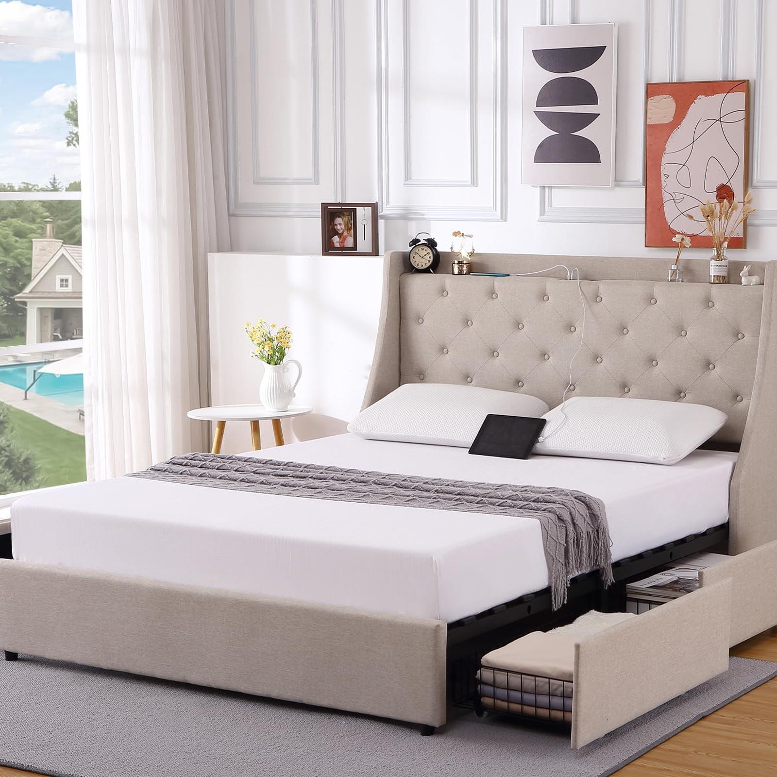 Huloretions Queen Bed Frame With Charging Station,Platform Bed With 4 Storage Drawers,Upholstered Wingback Headboard And Storage Shelf,No Box Spring Needed Easy Assembly