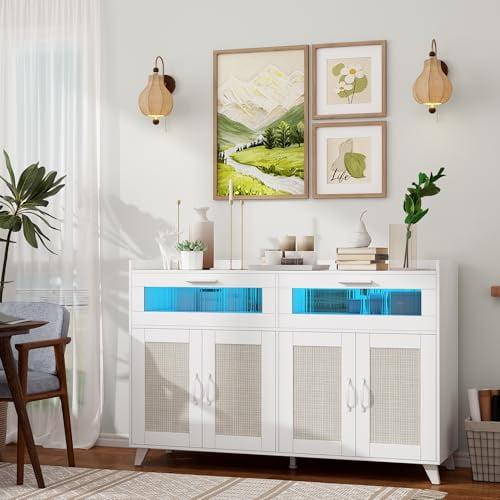 Ataucjin Rattan Sideboard Buffet Cabinet With Power Outlet & LED Light Kitchen Storage Cabinet With 2 Fluted Acrylic Drawers Accent Coffee Bar Cabinet Wood Buffet Table Console Table