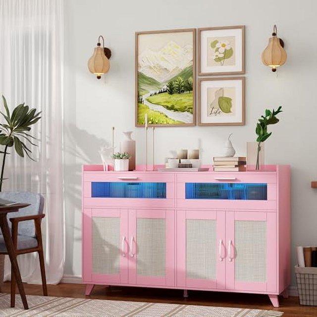 Garvee Sideboard Buffet Cabinet with Power Outlet & LED Light - Kitchen Storage Cabinet with 2 Fluted Acrylic Drawers & 4 Rattan Doors, Pink