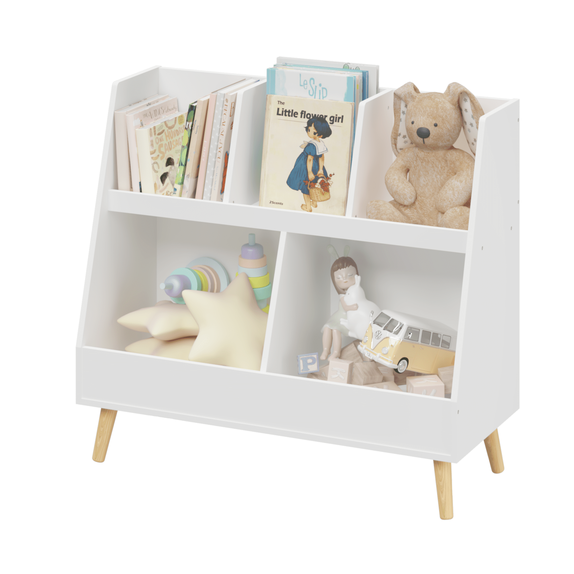 White Wooden Kids Bookshelf and Toy Organizer with Cubbies