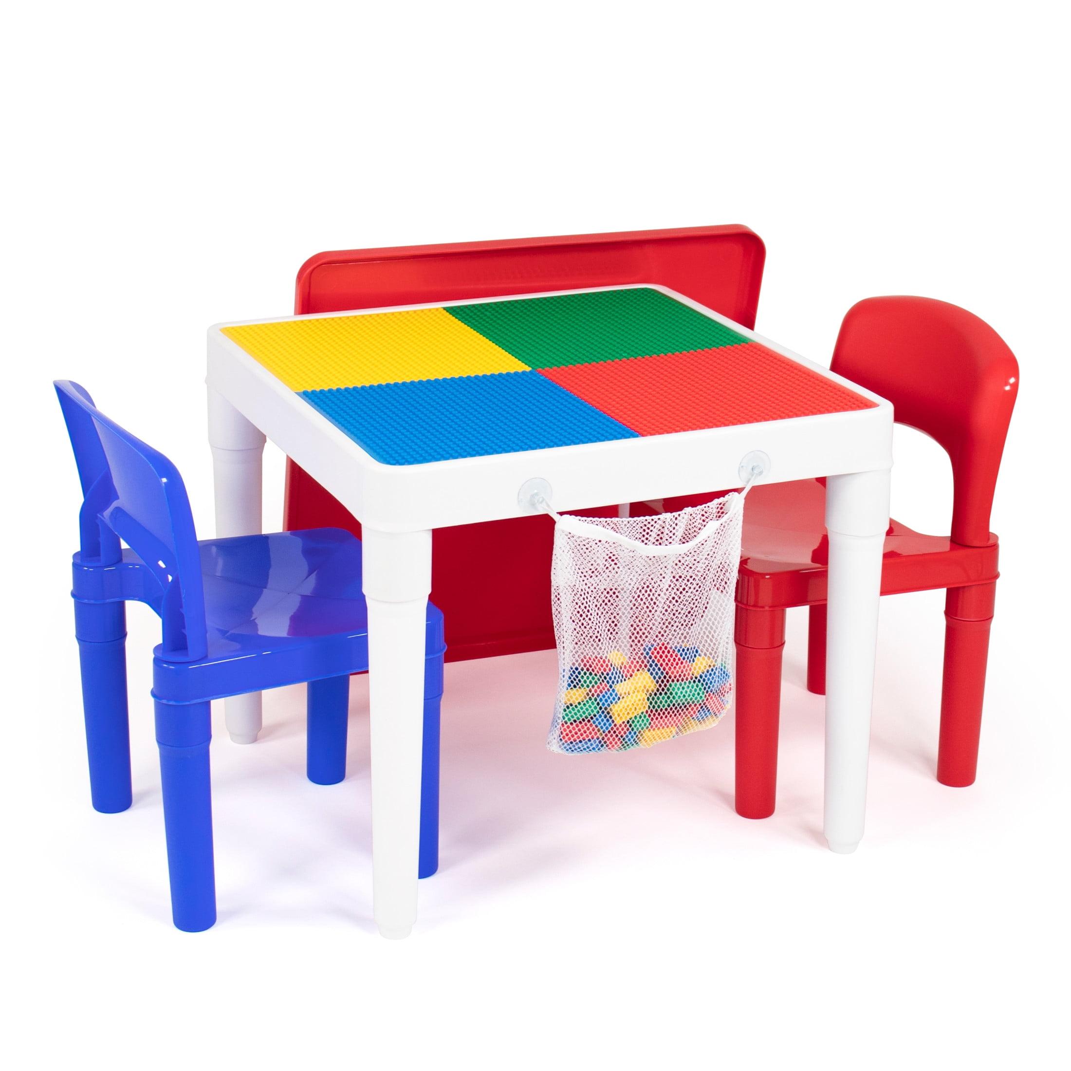 White and Primary Plastic Kids Activity Table with 2 Chairs and Building Blocks