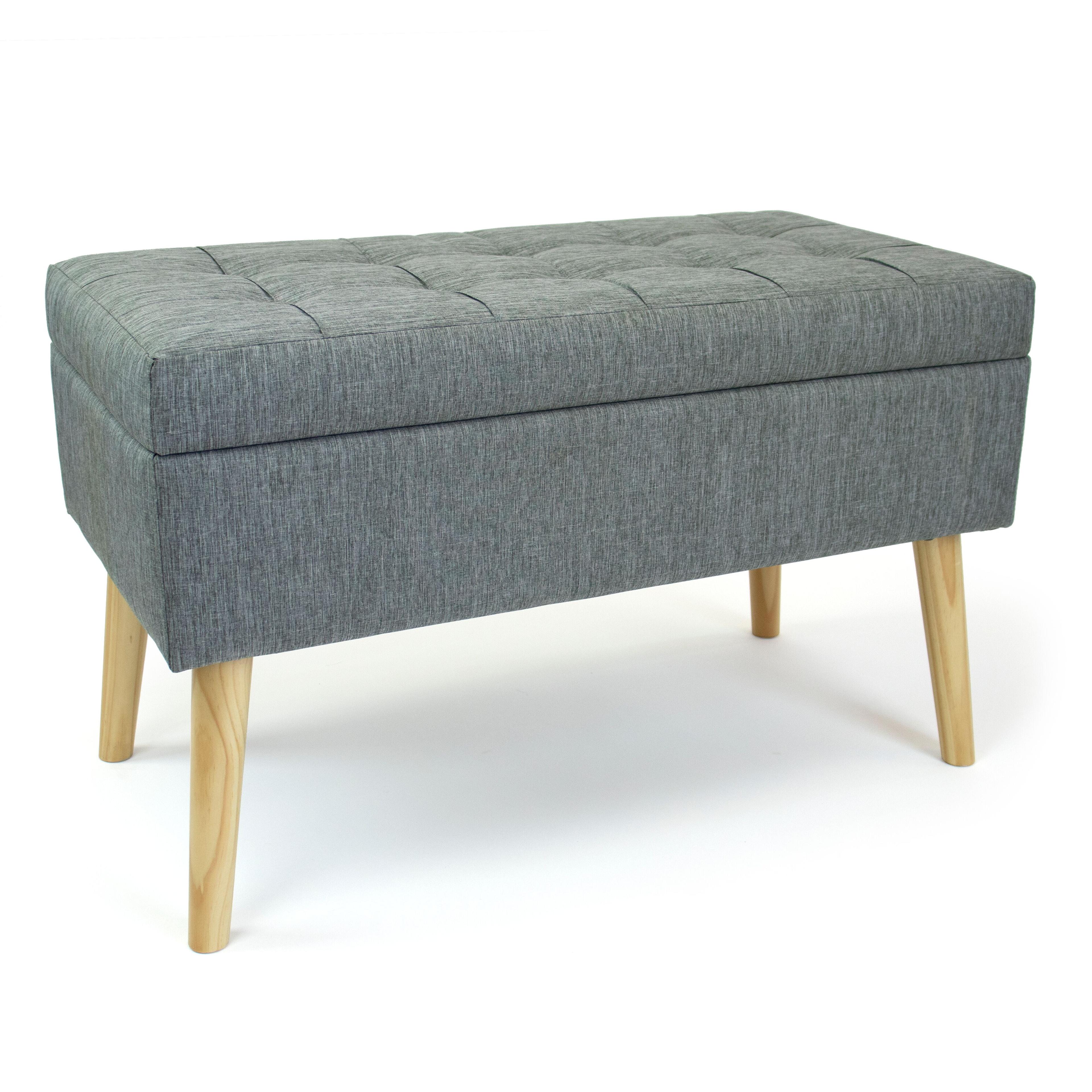 Contemporary Natural Wood Tufted Storage Ottoman with Tapered Legs